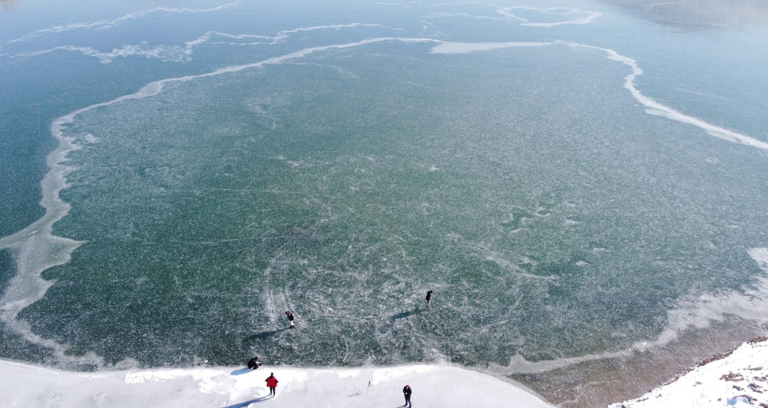 Frozen Gökçedere Dam Lake attracts ice skaters with picturesque view
